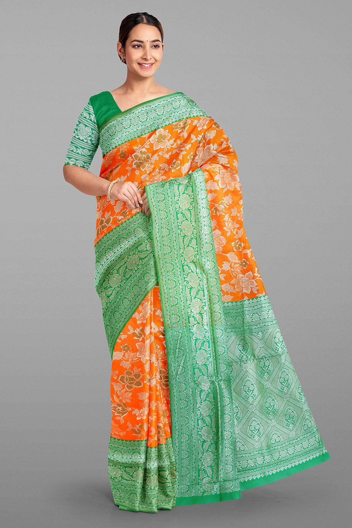 ORANGE and GREEN FLORALS SILK Saree with BANARASI FANCY