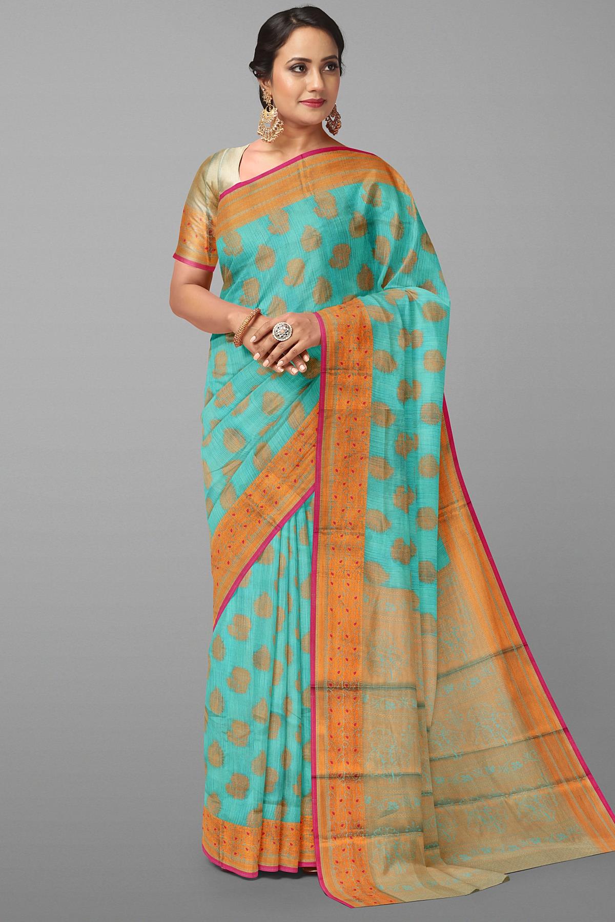 SEA GREEN and GOLD BUTTIS SILK Saree with BANARASI FANCY