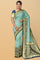 SKY BLUE AND NAVY BLUE LEAF PRINT SILK BLEND SAREE WITH BANARASI FANCY