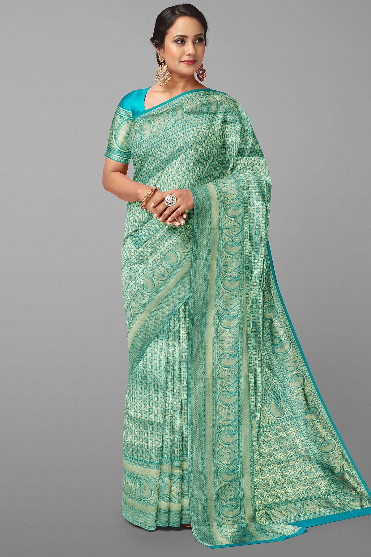 TEAL and GOLD CHECKS AND BUTTIS SILK BLEND Saree with BANARASI FANCY