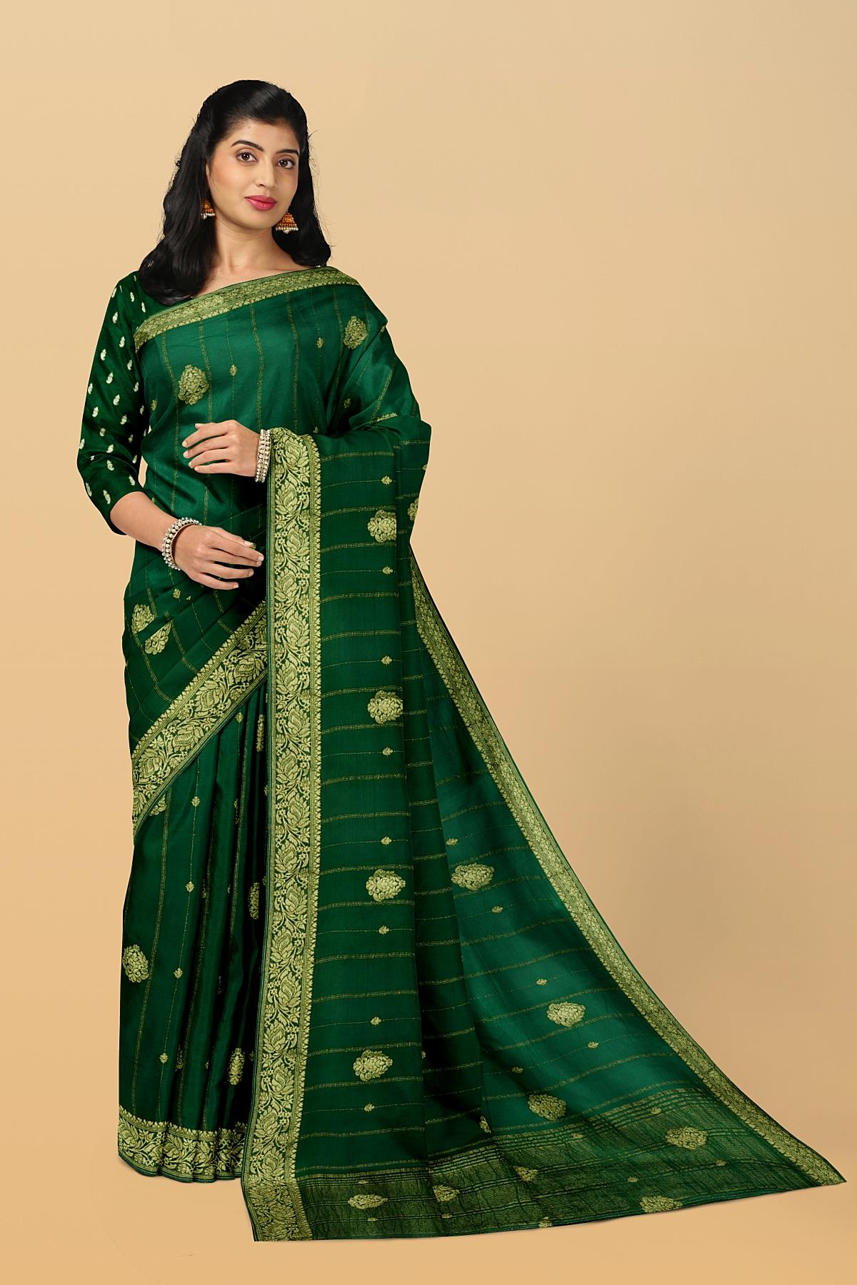 DARK GREEN and GOLD JAAL DUPION SILK Saree with BANARASI