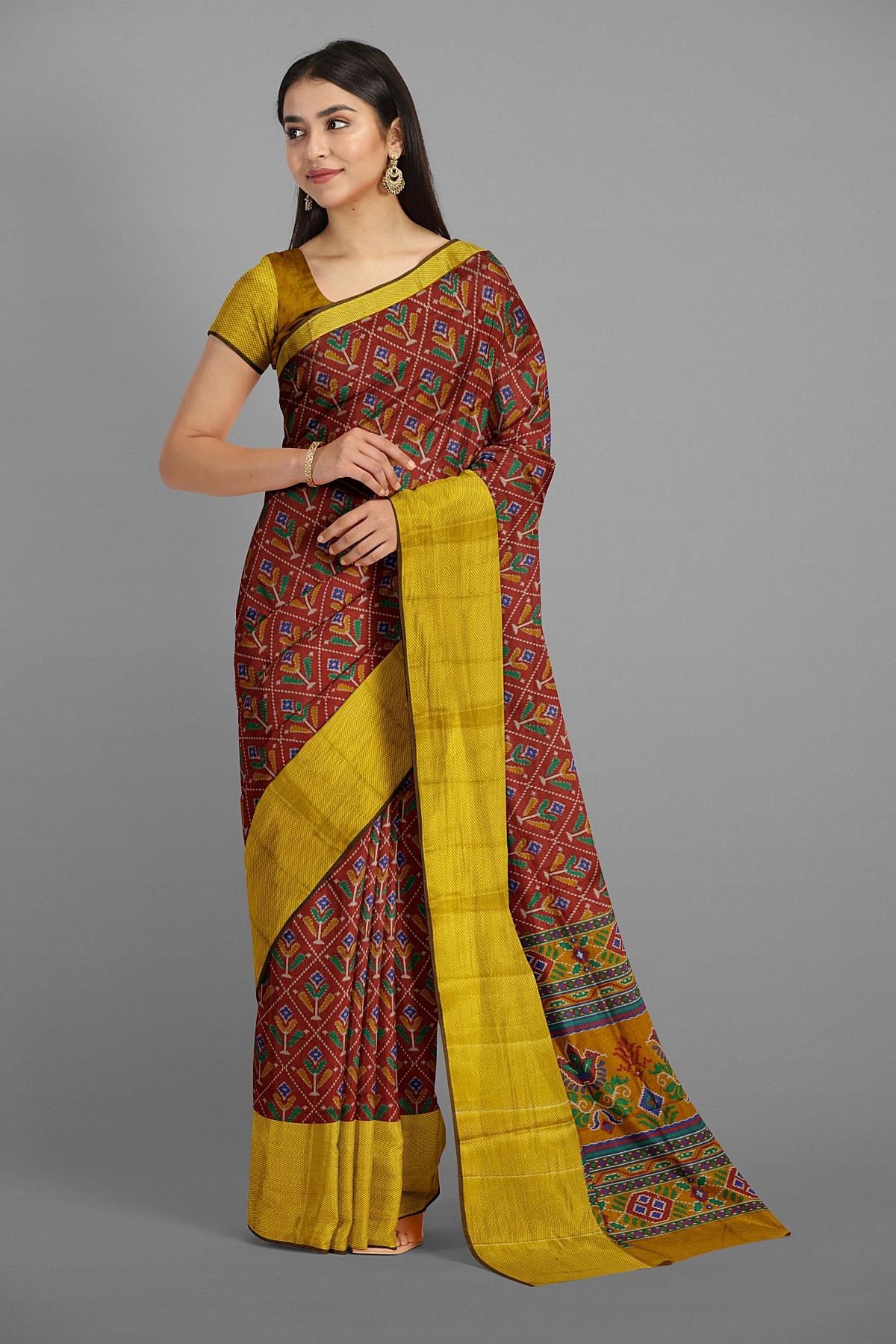 MAROON and MULTI IKKAT PRINT SILK Saree with IKAT