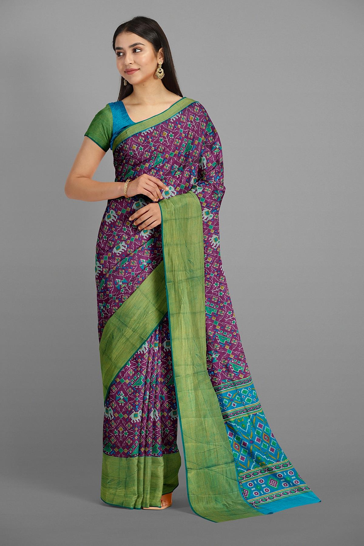 LIGHT PURPLE and TEAL IKKAT PRINT SILK Saree with IKAT