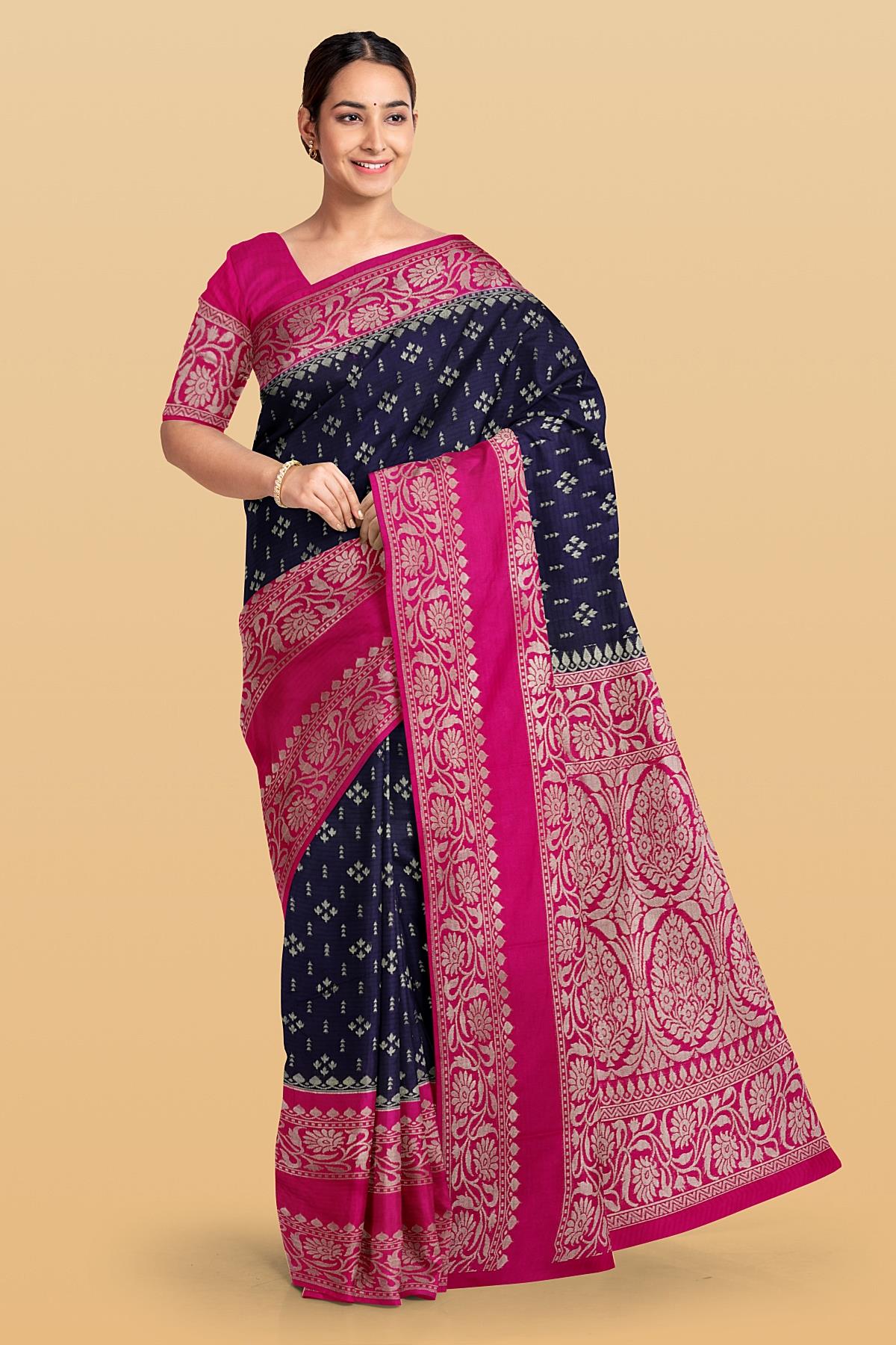 NAVY BLUE and DARK PINK BUTTIS SILK Saree with FANCY