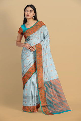 SLATE BLUE and TEAL BUTTIS SILK Saree with BANARASI FANCY