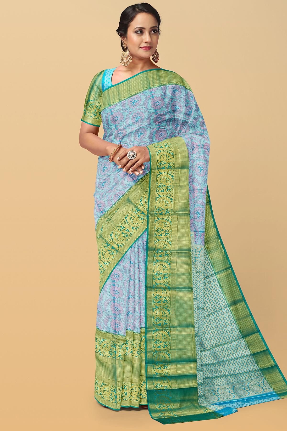 SEA BLUE and GREEN BROCADE SILK Saree with KANCHIPURAM