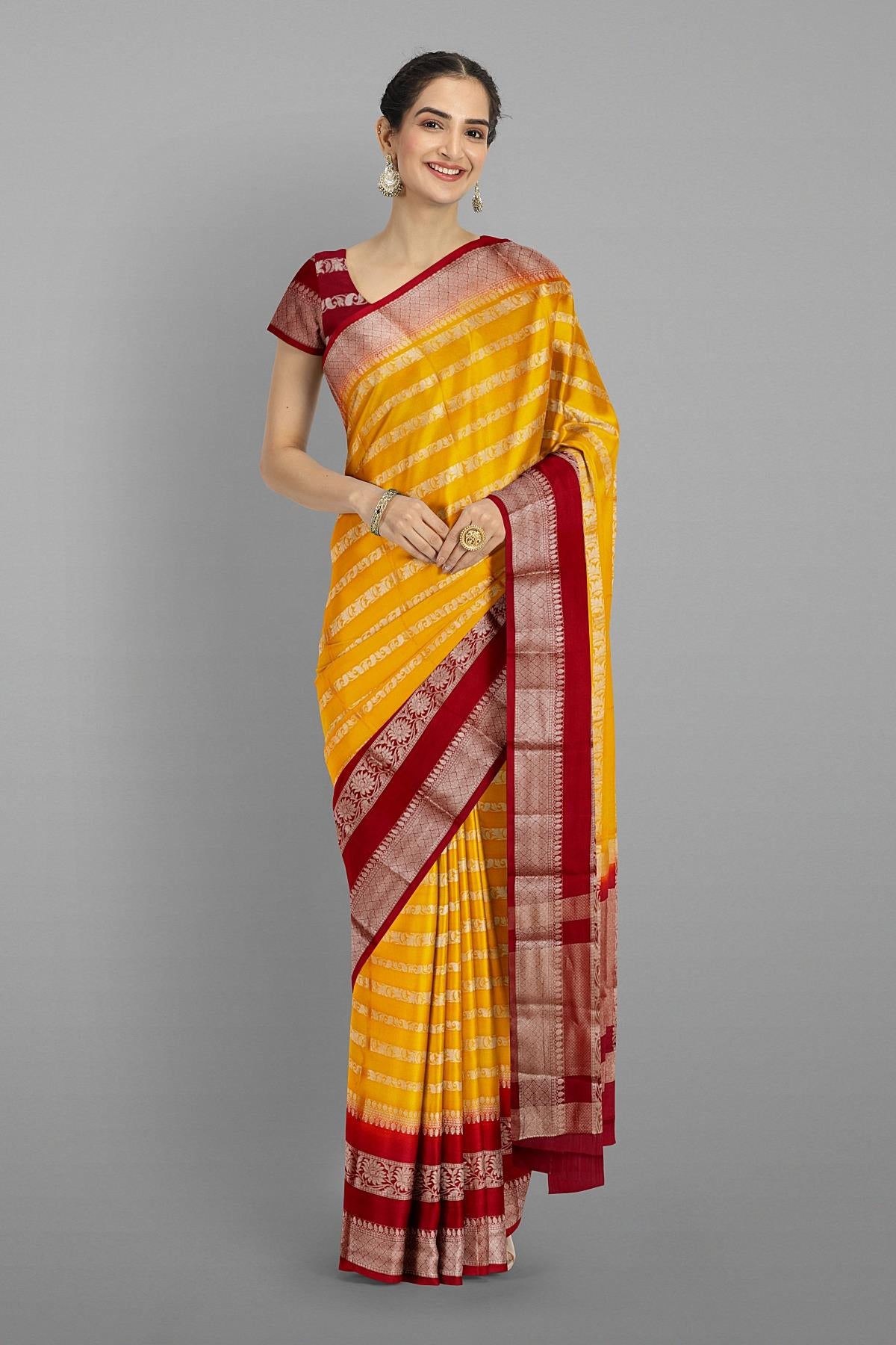 MUSTARD and MAROON JAAL WARM SILK Saree with BANARASI FANCY