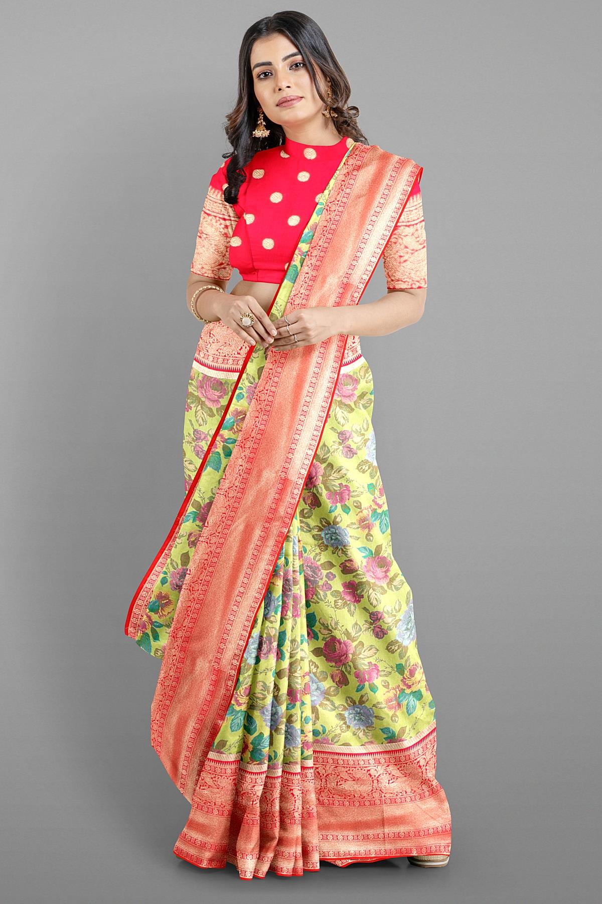 LIGHT OLIVE GREEN and DARK PINK FLORAL JAAL SILK Saree with BANARASI