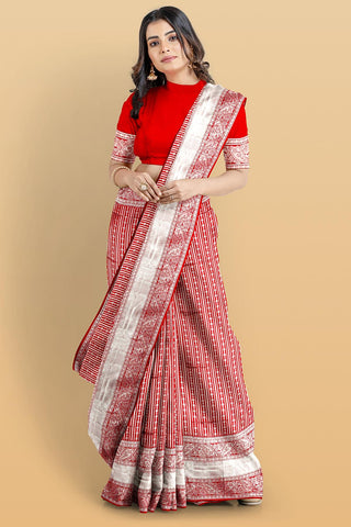 RED and SILVER JAAL SILK Saree with BANARASI FANCY