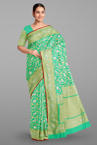 SEA GREEN and GOLD FLORAL JAAL SILK Saree with BANARASI