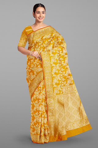 OLIVE GREEN and GOLD FLORAL JAAL SILK Saree with BANARASI