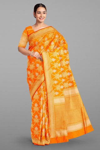 ORANGE and GOLD FLORAL JAAL SILK Saree with BANARASI