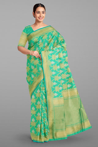 SEA GREEN and GOLD FLORAL JAAL SILK Saree with BANARASI