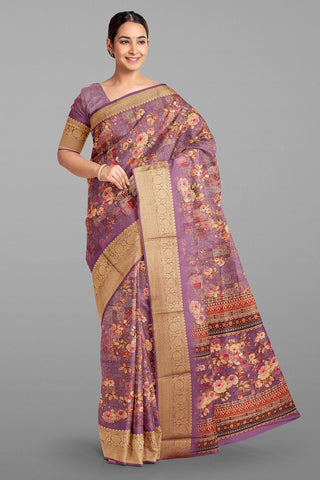 PURPLE and GOLD FLORALS SILK Saree with FANCY