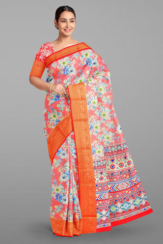 CORAL and MULTI FLORALS SILK Saree with FANCY