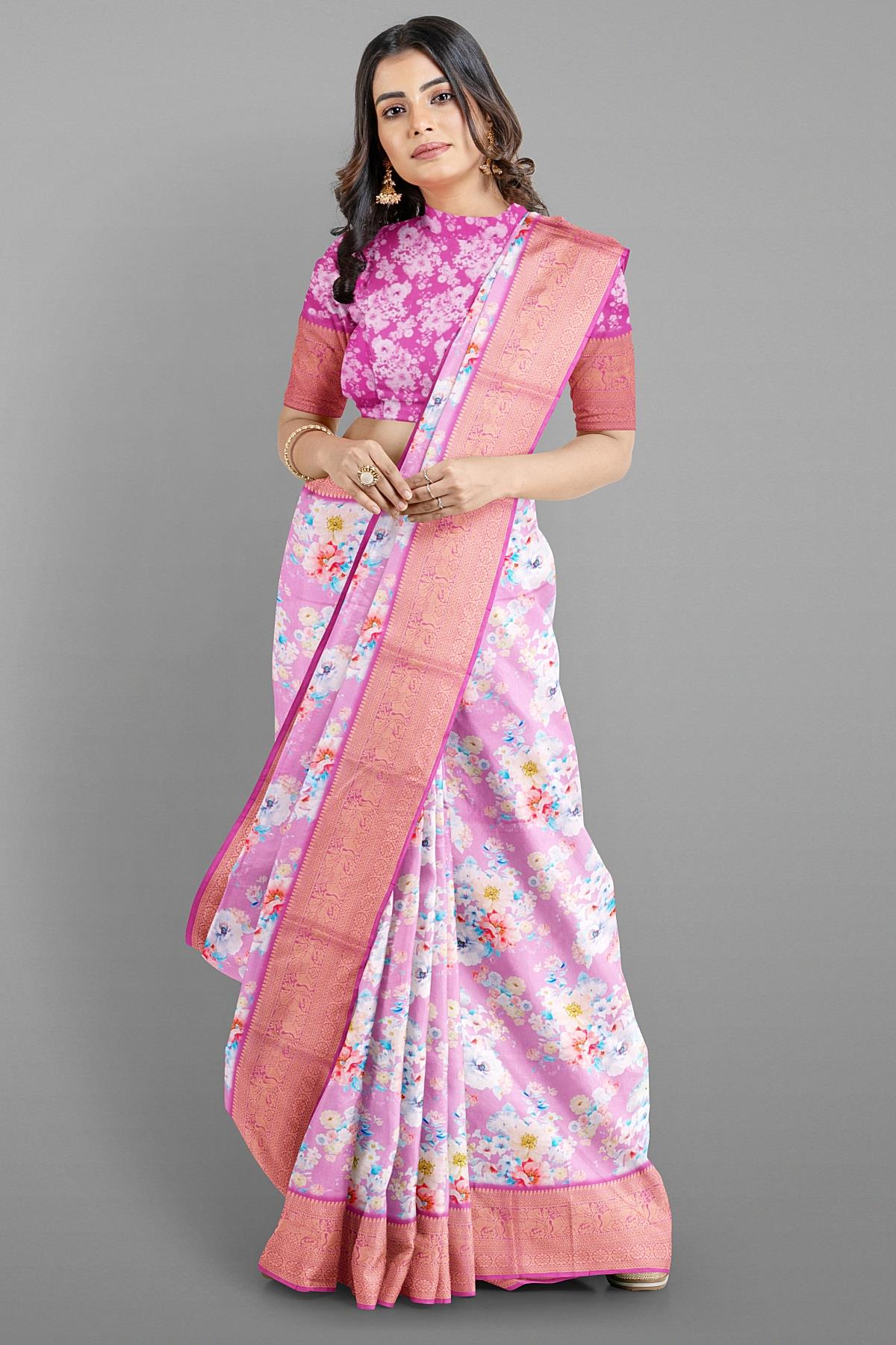 LIGHT PURPLE and MULTI FLORALS SILK Saree with FANCY