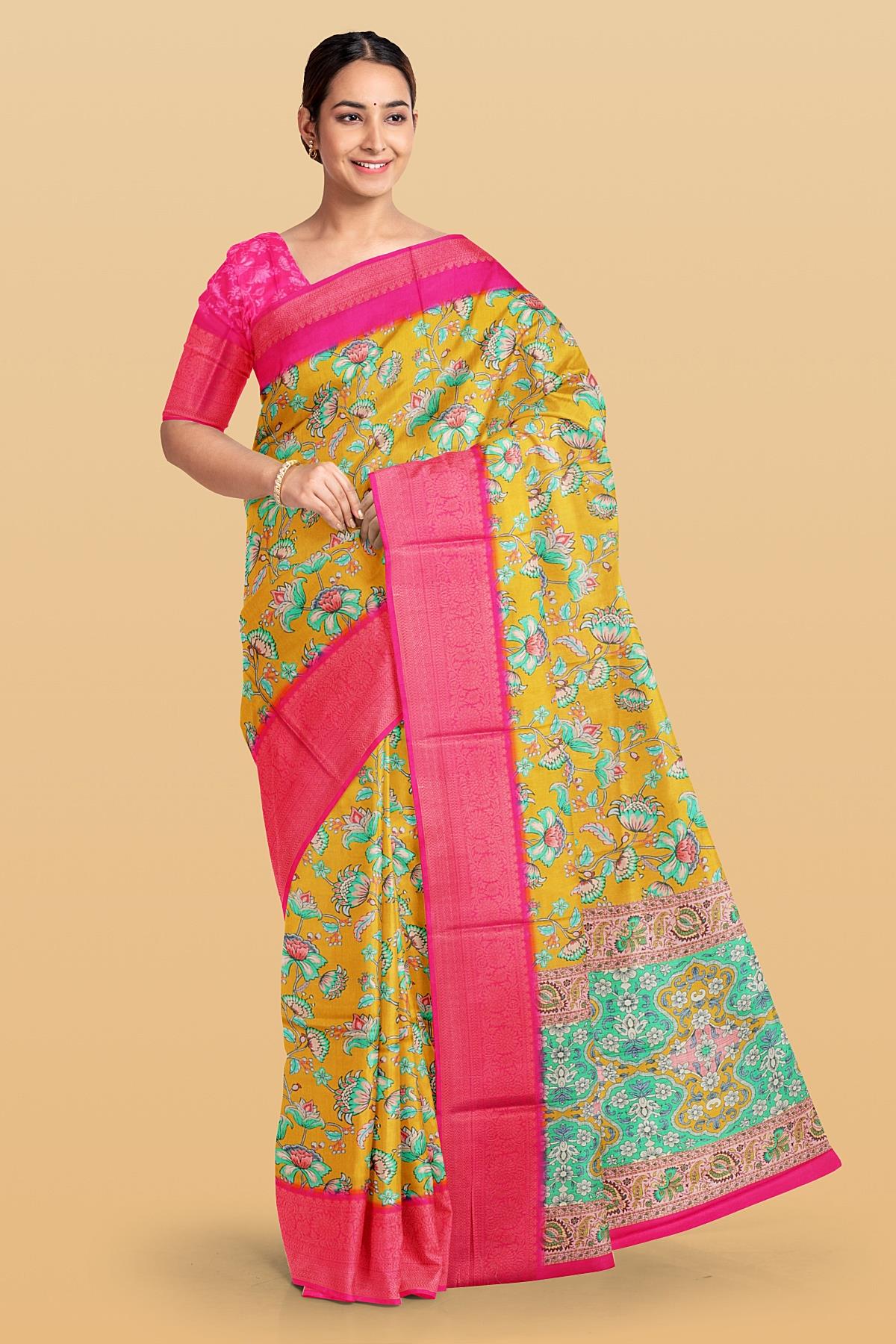 MUSTARD and DARK PINK FLORALS SILK Saree with FANCY