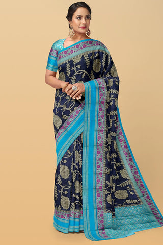 NAVY BLUE and BLUE FLORAL JAAL SILK Saree with FANCY