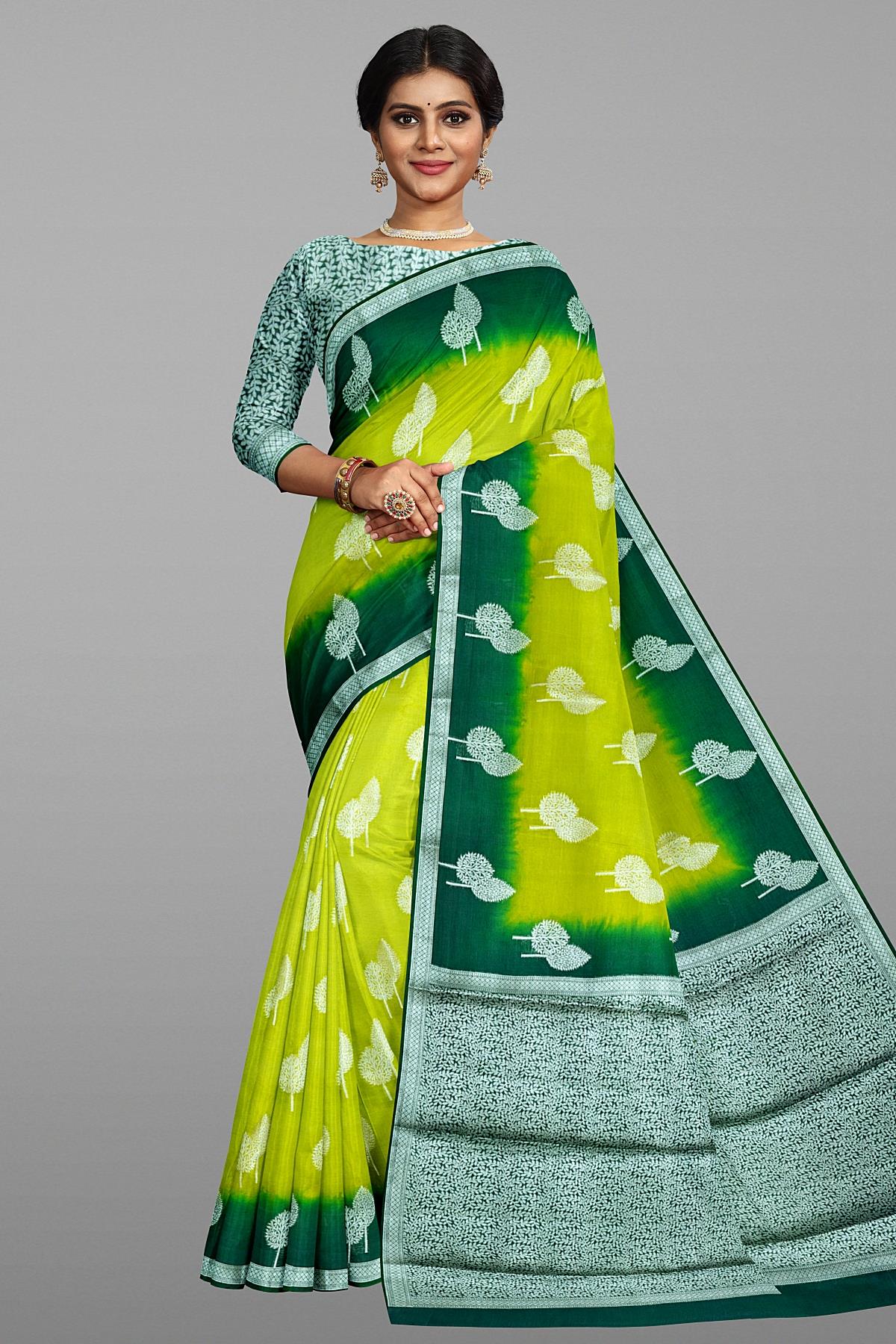 LIME GREEN and DARK GREEN LEAF WEAVING SILK Saree with FANCY