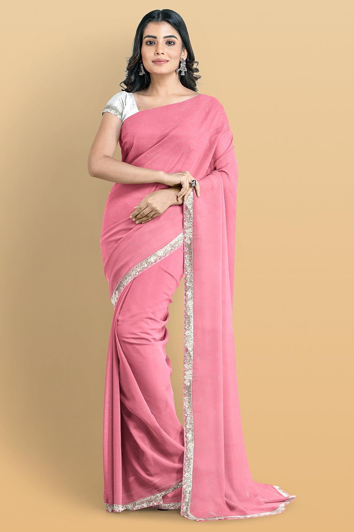 LIGHT PINK and WHITE SOLID GLASS KORA Saree with FANCY