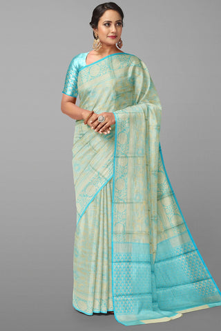 LIGHT CREAM and BLUE FLORAL JAAL SILK Saree with FANCY