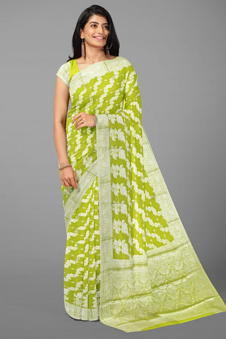 LIME GREEN and SILVER FLORAL JAAL CHIFFON Saree with BANARASI FANCY