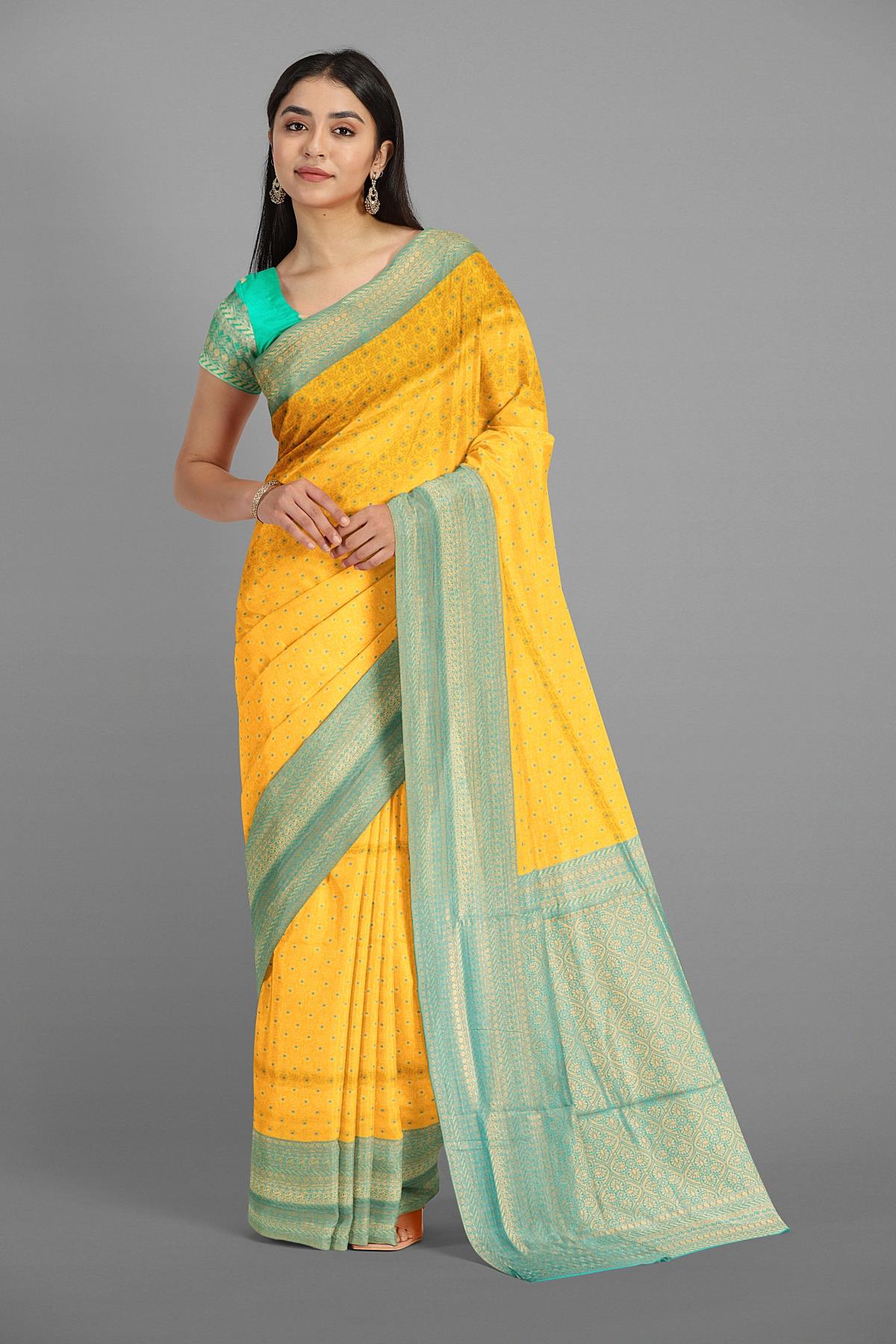 YELLOW and SEA GREEN BROCADE BUTA SILK Saree with KANCHIPURAM