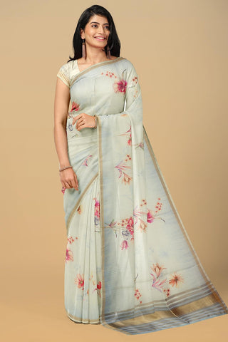 LIGHT GREY and MULTI FLORALS TISSUE SILK Saree with FANCY