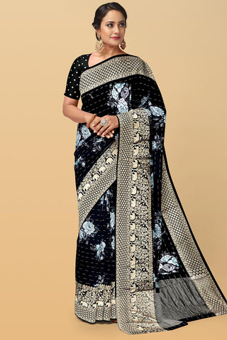 BLACK and GOLD FLORALS DOLA SILK Saree with FANCY