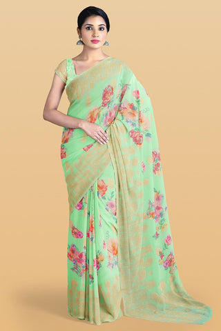 LIGHT GREEN and GOLD FLORALS JUTE Saree with FANCY