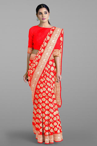RED and GOLD BUTTIS SILK BLEND Saree with SEMI PATTU