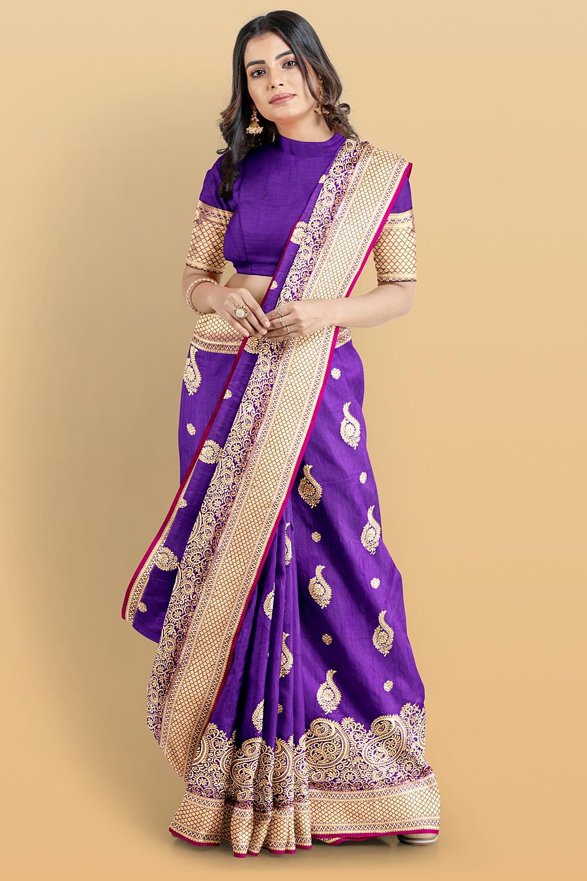 ROYAL BLUE and GOLD BUTTIS SILK BLEND Saree with SEMI PATTU