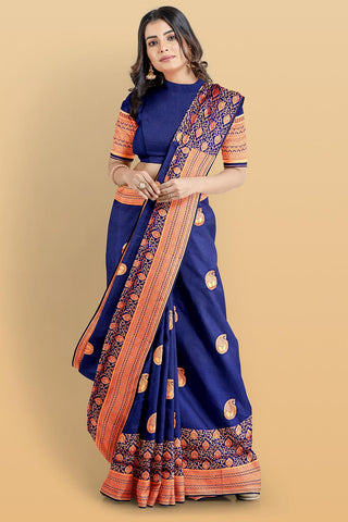 NAVY BLUE and GOLD BUTTIS SILK BLEND Saree with SEMI PATTU