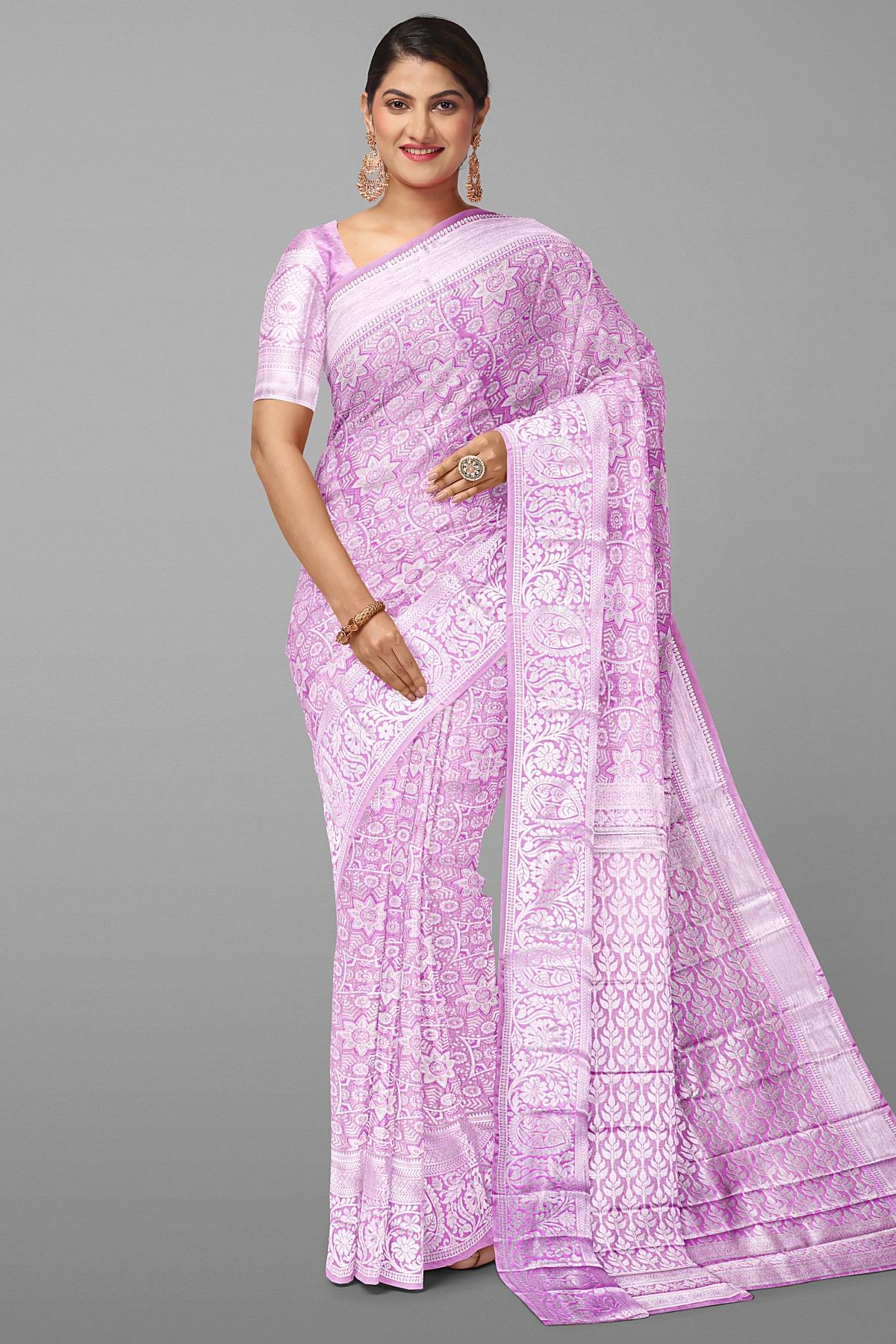 LIGHT PINK and SILVER FLORALS TISSUE SILK Saree with SEMI PATTU
