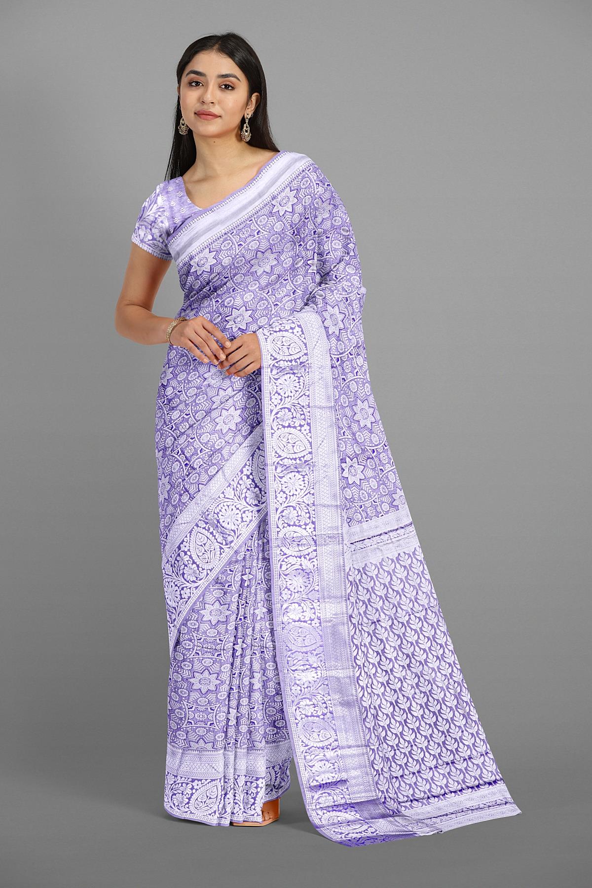 ROYAL BLUE and SILVER FLORALS TISSUE SILK Saree with SEMI PATTU