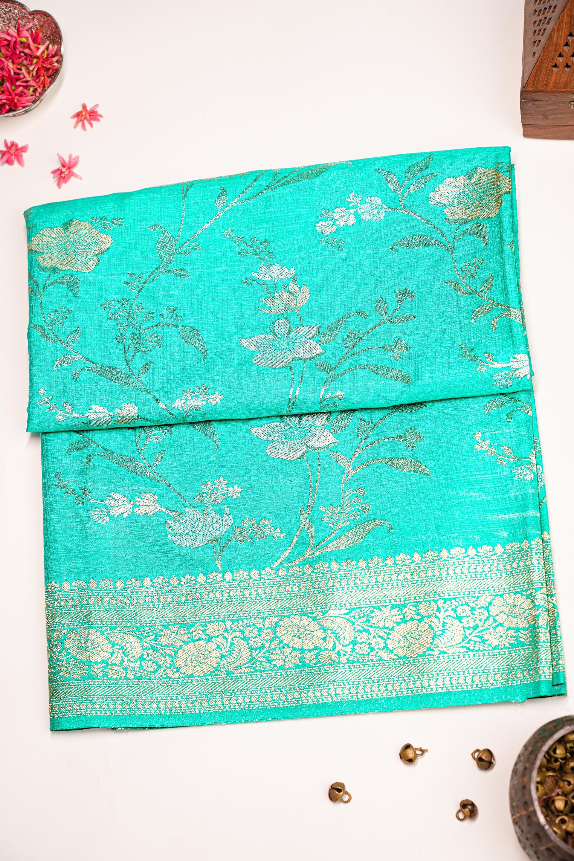 SEA GREEN and GOLD FLORAL JAAL SILK Saree with FANCY