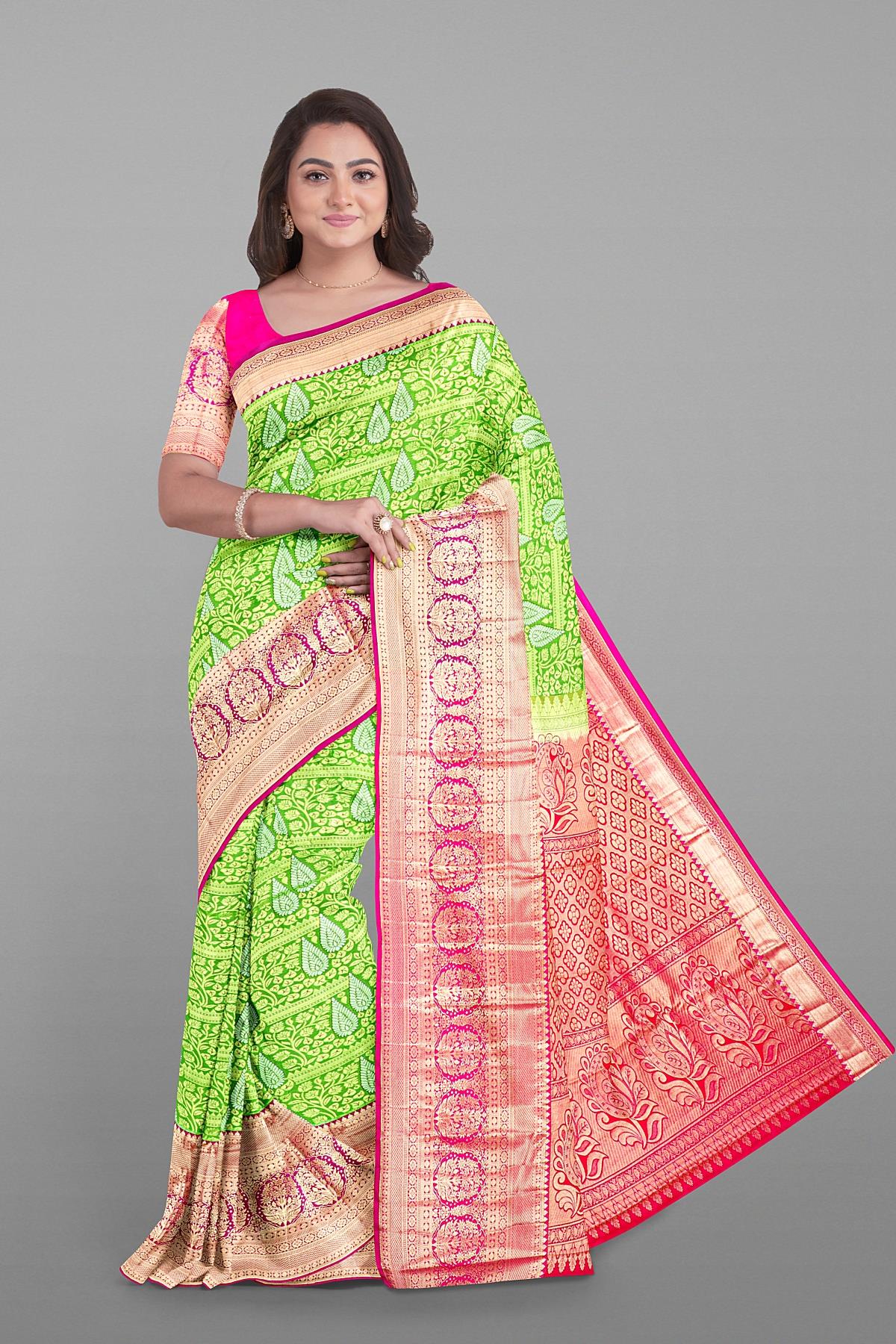 LIGHT GREEN and LIGHT PINK FLORAL JAAL SILK BLEND Saree with SEMI PATTU