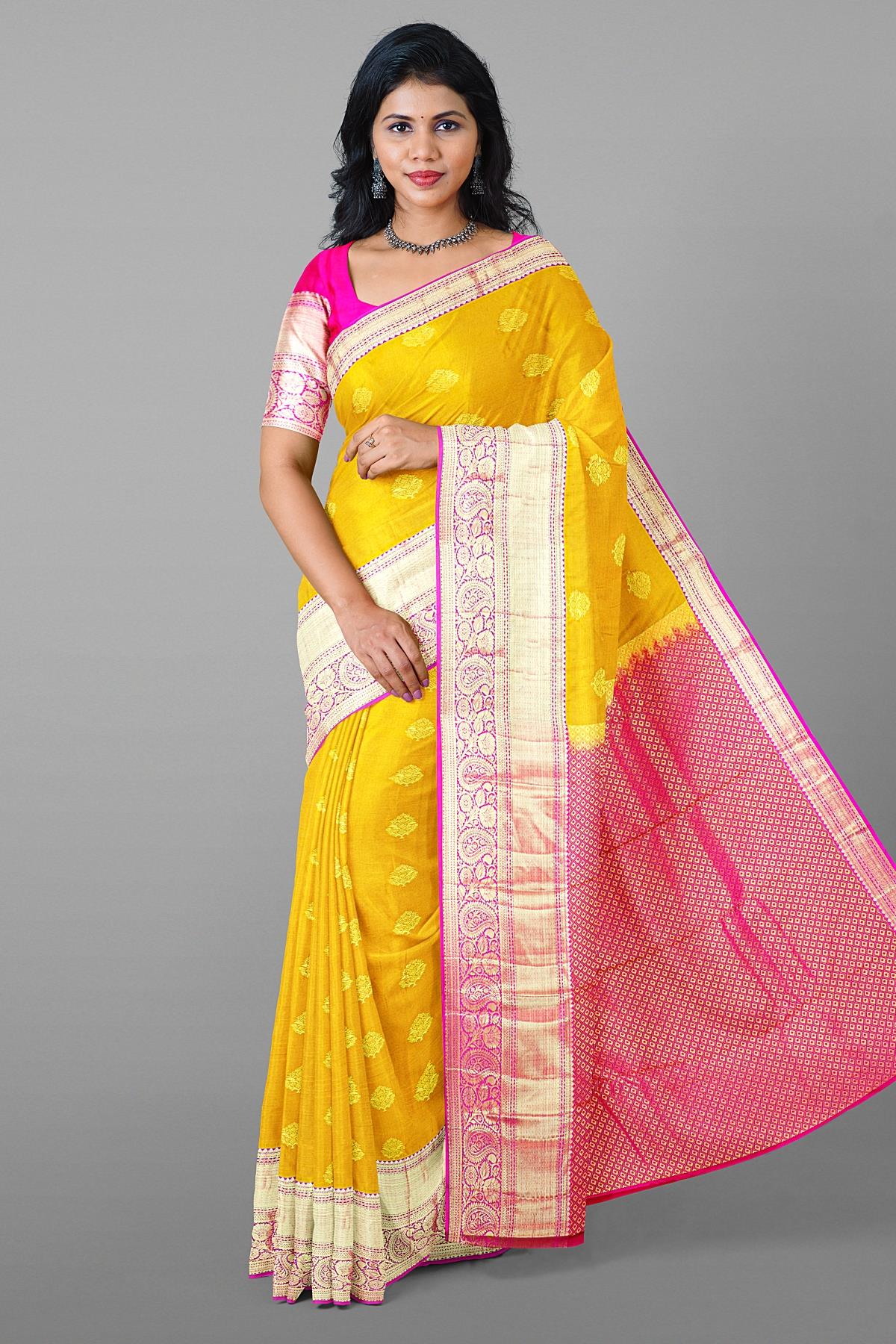 MUSTARD and PINK BUTTIS SILK BLEND Saree with SEMI PATTU