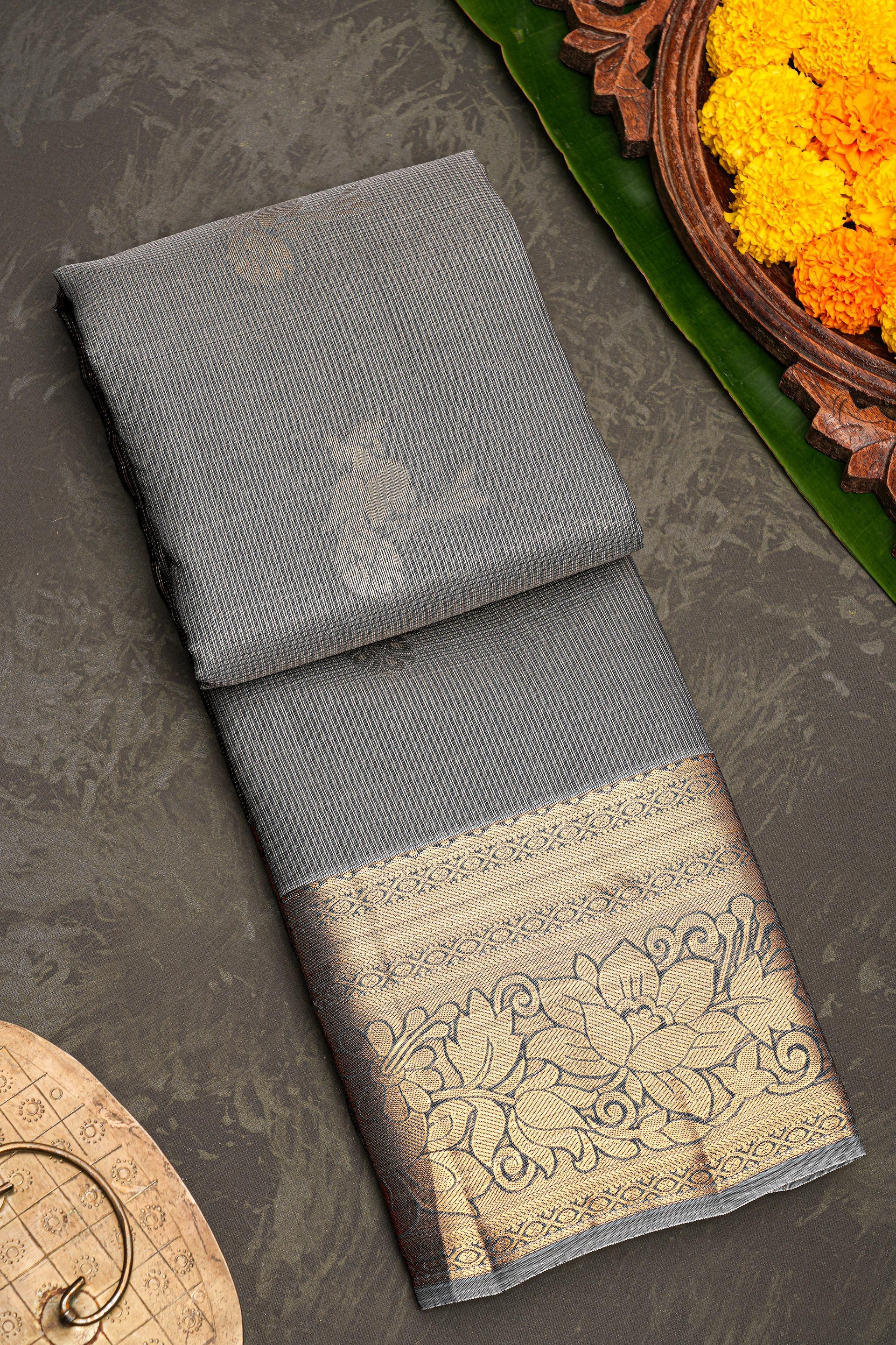 GREY and GOLD CHECKS AND BUTTIS SILK BLEND Saree with SEMI PATTU