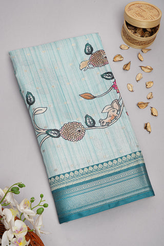 SKY BLUE and DARK BLUE KALAMKARI PRINT SILK Saree with FANCY