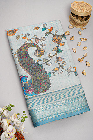 SKY BLUE and DARK BLUE KALAMKARI PRINT SILK Saree with FANCY