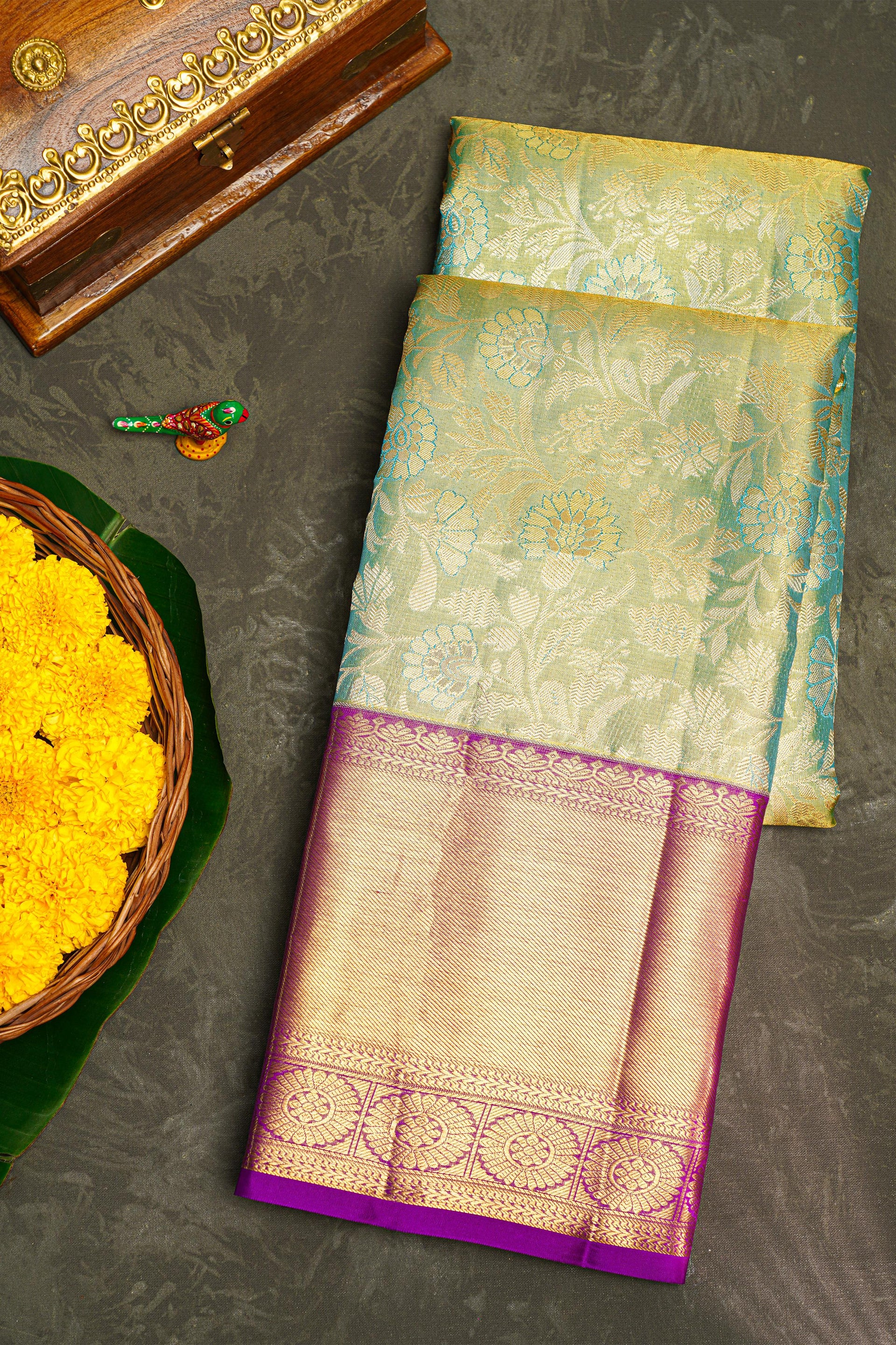 SEA BLUE and PURPLE FLORAL JAAL SILK Saree with KANCHIPURAM