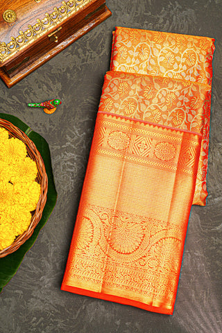 ORANGE and GOLD FLORAL JAAL SILK Saree with KANCHIPURAM