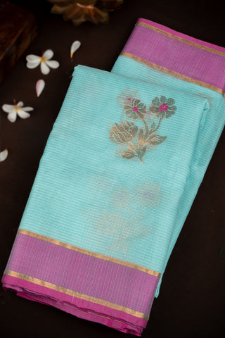 Zari Kota Cotton Floral Motifs Sky Blue Saree