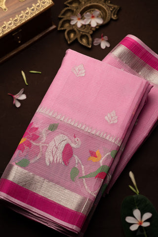 Zari Kota Cotton Buttis Baby Pink Saree