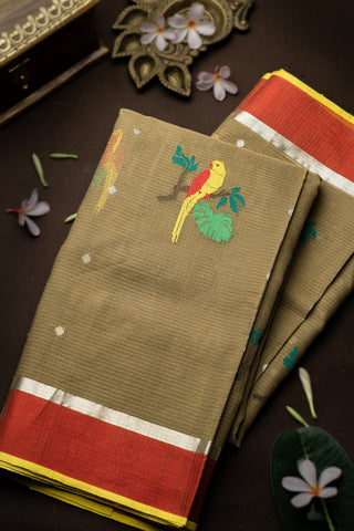 Zari Kota Cotton Buttis Olive Green Saree