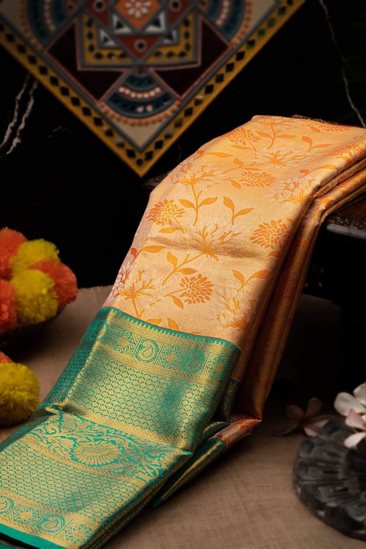 Kancheepuram Tissue Floral Jaal Marigold Orange Saree