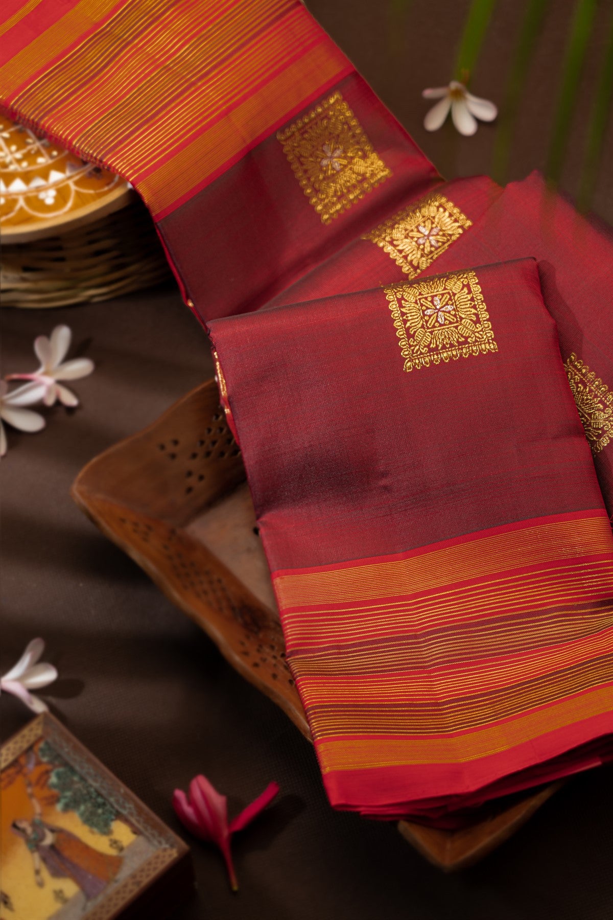 Kancheepuram Silk Floral Buttis Maroon Saree