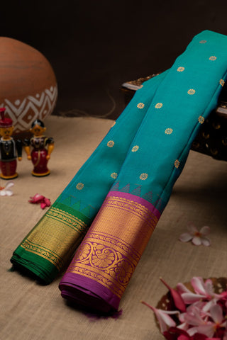 Gadwal Silk Buttis Peacock Blue Saree