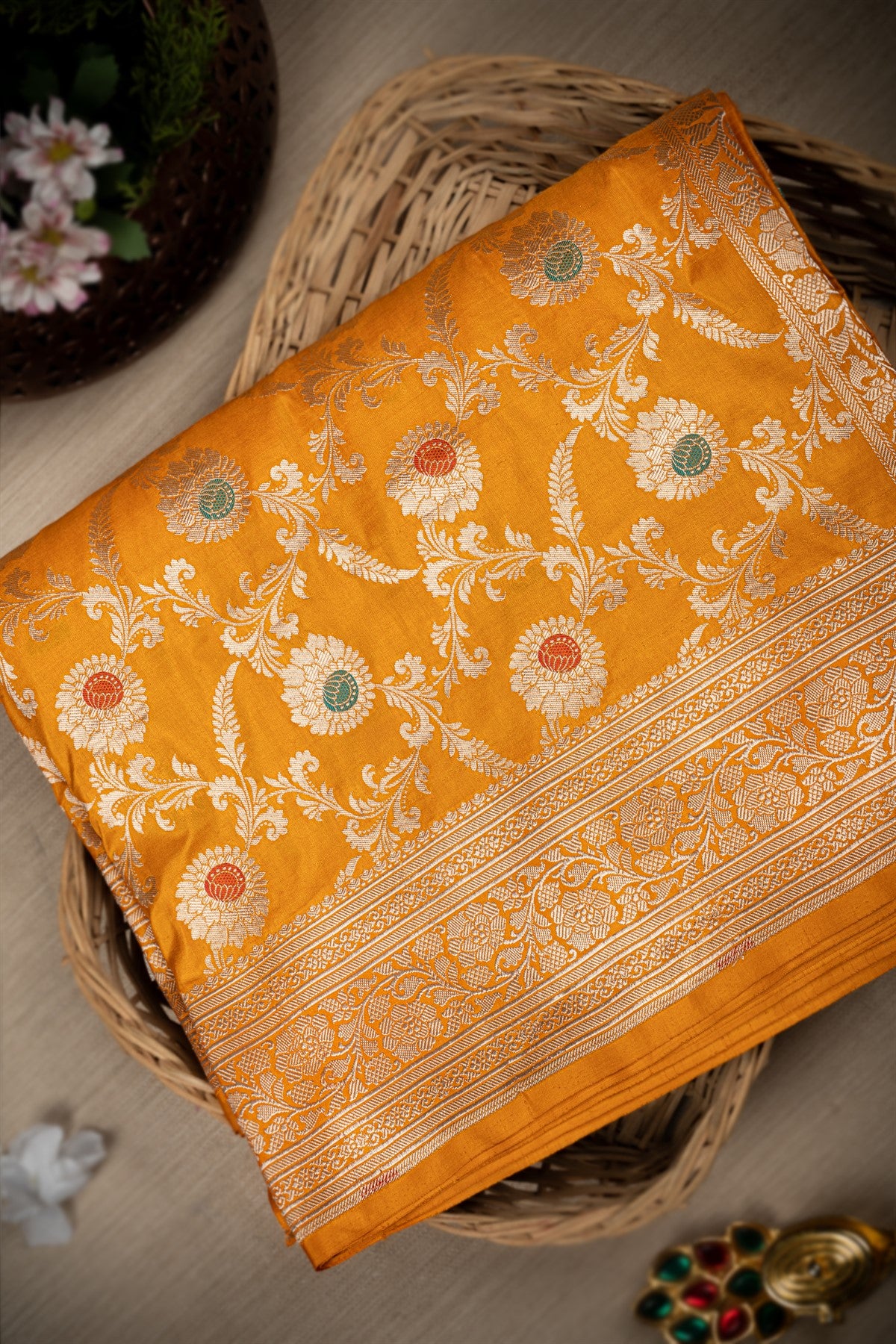 Banarasi Silk Floral Jaal Mustard Saree